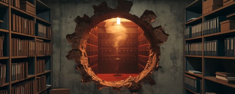 In einem staubigen Archivkeller klafft ein großes rundes Loch in der Betonwand, dahinter leuchtet ein Tresorraum mit Reihen von Schließfächern, aus der Mitte steigt eine schmale Rauchsäule auf, am Boden liegen umgestürzte Ordner und leere Kästen.