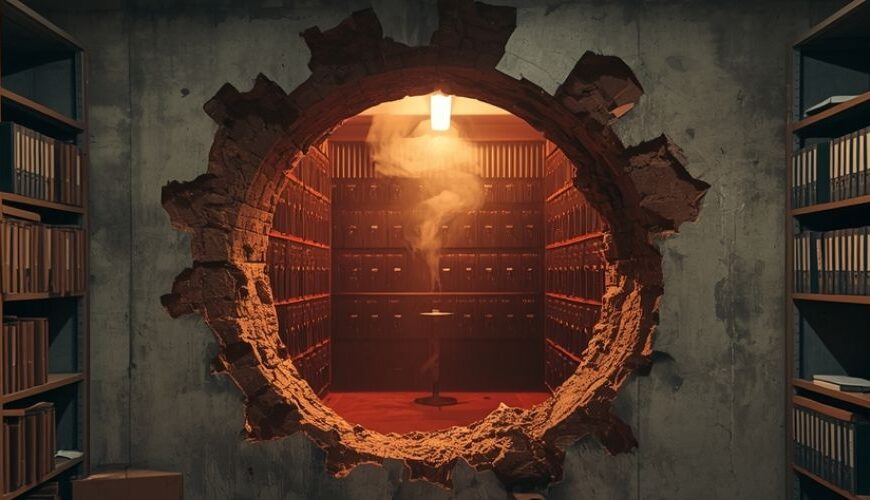 In einem staubigen Archivkeller klafft ein großes rundes Loch in der Betonwand, dahinter leuchtet ein Tresorraum mit Reihen von Schließfächern, aus der Mitte steigt eine schmale Rauchsäule auf, am Boden liegen umgestürzte Ordner und leere Kästen.