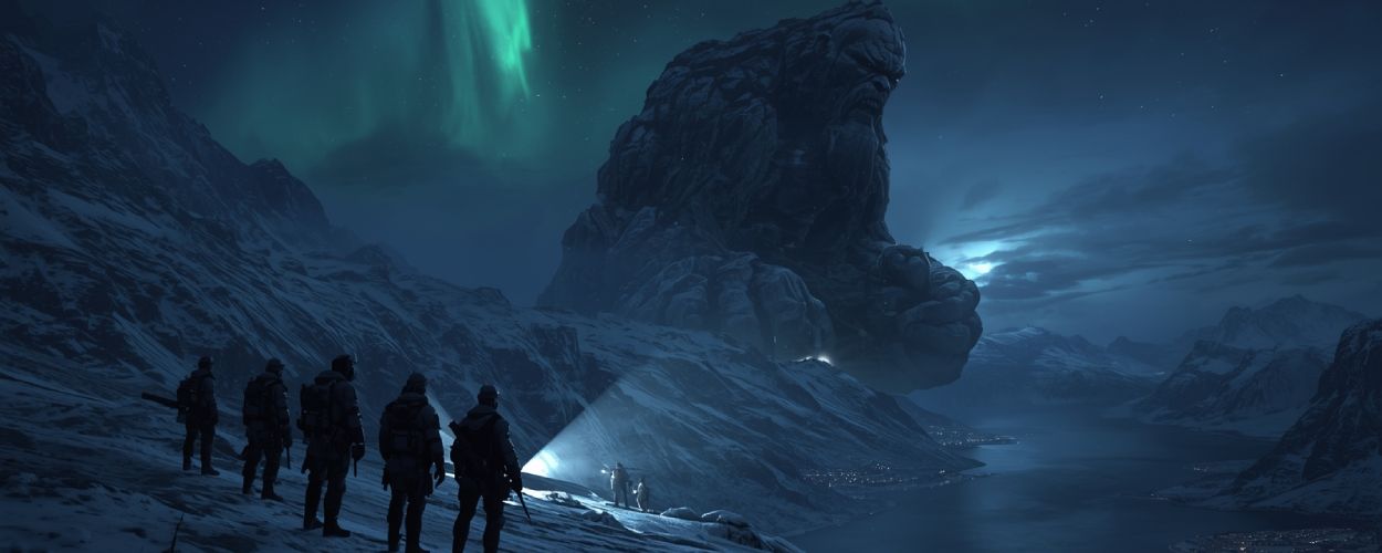 Eine Gruppe bewaffneter Menschen steigt nachts einen verschneiten Hang hinab, während im Hintergrund ein gigantischer Troll aus Fels über einem Fjord aufragt und Nordlichter den Himmel erleuchten.