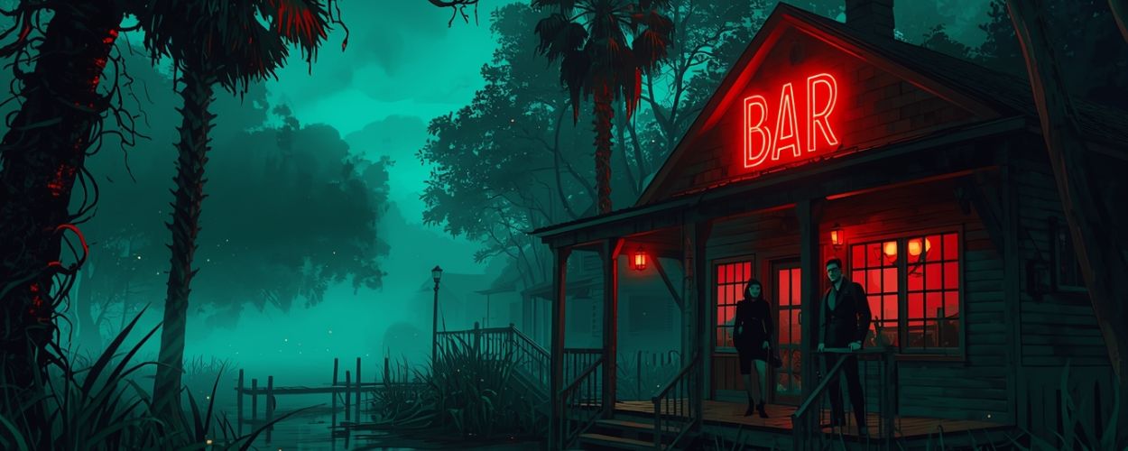Nebliger Südstaaten-Sumpf bei Nacht, rechts eine Holzbar mit rotem Neon-„BAR“-Schriftzug, davor zwei dunkle Gestalten auf der Veranda, links Wasser, Bäume und Glühwürmchen – erinnert an die Vampirwelt von True Blood.