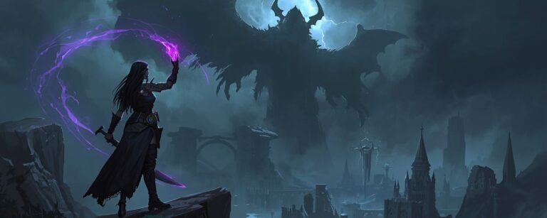 Hexenmeisterin Kaatri steht mit Klinge und violetter Paktmagie auf einem Felsvorsprung, im Hintergrund eine düstere Fantasy-Stadt und die schemenhafte Silhouette ihres Patrons in einem Gewitterhimmel – Symbolbild zu Warlock: Dungeons & Dragons.