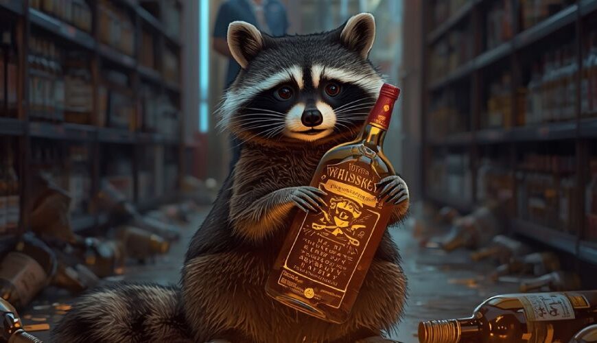 Waschbär sitzt in einem verwüsteten Spirituosenladen zwischen umgekippten Flaschen, hält eine Whiskyflasche im Arm, unter ihm leuchtet ein magischer Runenkreis im verschütteten Alkohol.