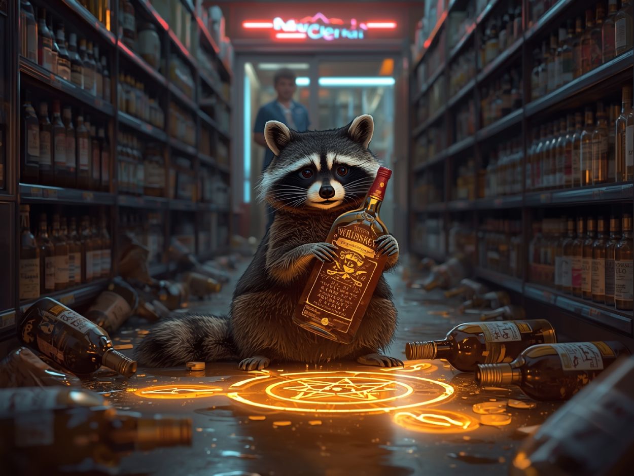 Nachts vor einem Glasgebäude zündet ein glühender Feueravatar mit brennender Fackel eine große orange Maus Statue an, oben links zeigt ein Zeitstempel das Bild als Überwachungskameraaufnahme.