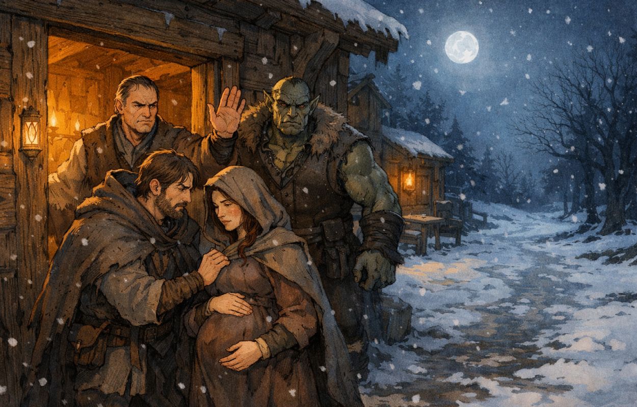 Ein niedriger Dachboden voller wartender Gestalten, vorn ein improvisierter Richtertisch mit drei Elben, schwarzweiße Illustration.