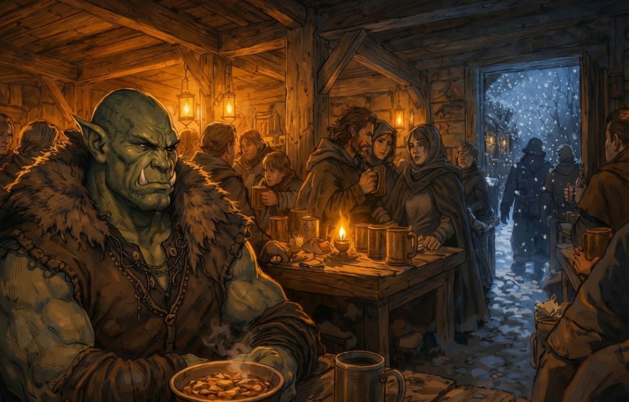 Ein niedriger Dachboden voller wartender Gestalten, vorn ein improvisierter Richtertisch mit drei Elben, schwarzweiße Illustration.