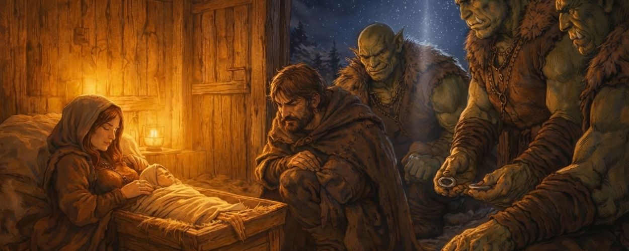 Im warm erleuchteten Stall liegt ein Neugeborenes in der Krippe, Eltern knien daneben, vier Orks legen einfache Gaben als Friedenszeichen ab, Sternenlicht fällt durch die Tür.