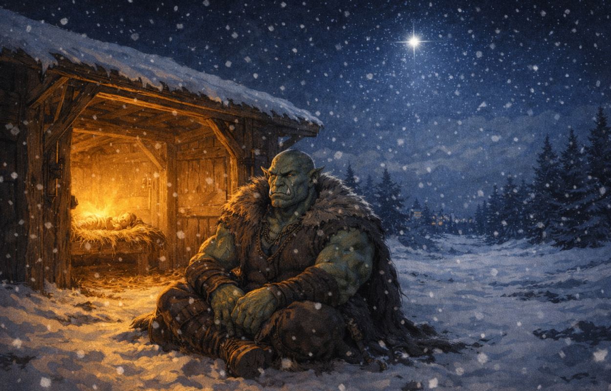 Ein Ork sitzt draußen vor einem kleinen Stall und hält Wache, warmes Licht dringt heraus und ein heller Stern steht über der Krippe.