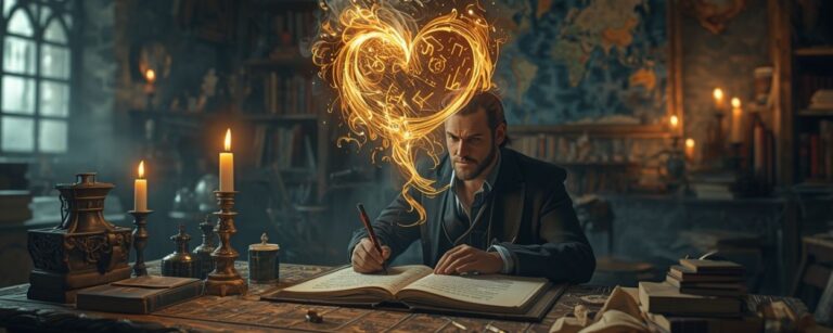 Fantasyautor schreibt in einem alten Arbeitszimmer, über dem Buch formen sich glühende Runen zu einem leuchtenden Motiv – Symbol für das Herz einer Geschichte.