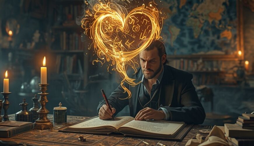 Fantasyautor schreibt in einem alten Arbeitszimmer, über dem Buch formen sich glühende Runen zu einem leuchtenden Motiv – Symbol für das Herz einer Geschichte.