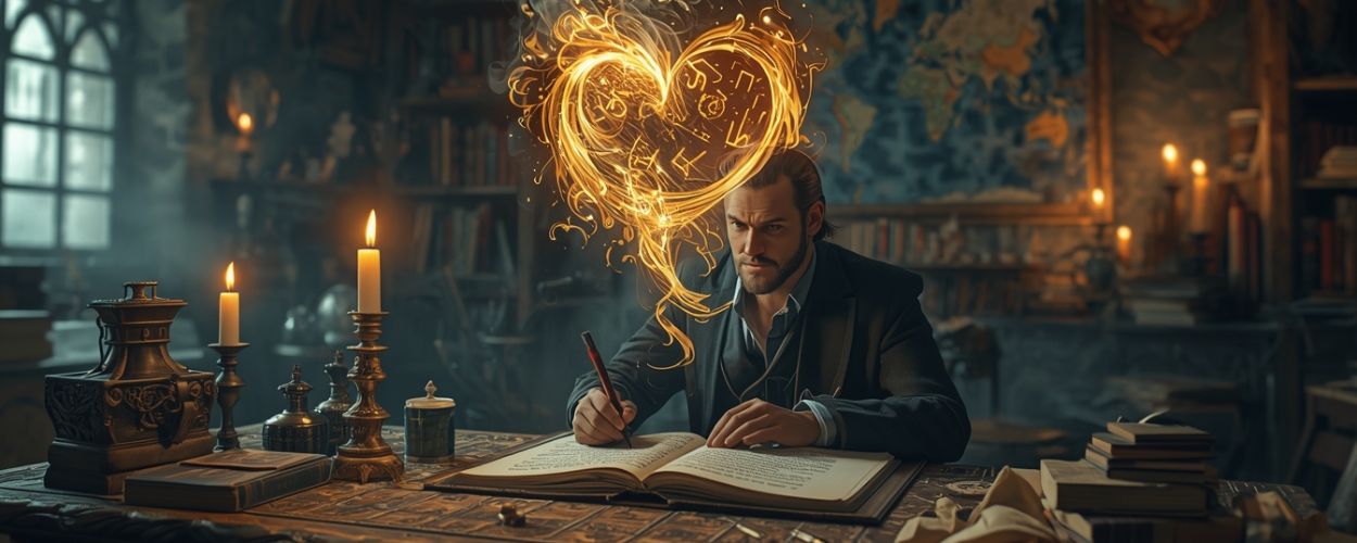 Fantasyautor schreibt in einem alten Arbeitszimmer, über dem Buch formen sich glühende Runen zu einem leuchtenden Motiv – Symbol für das Herz einer Geschichte.