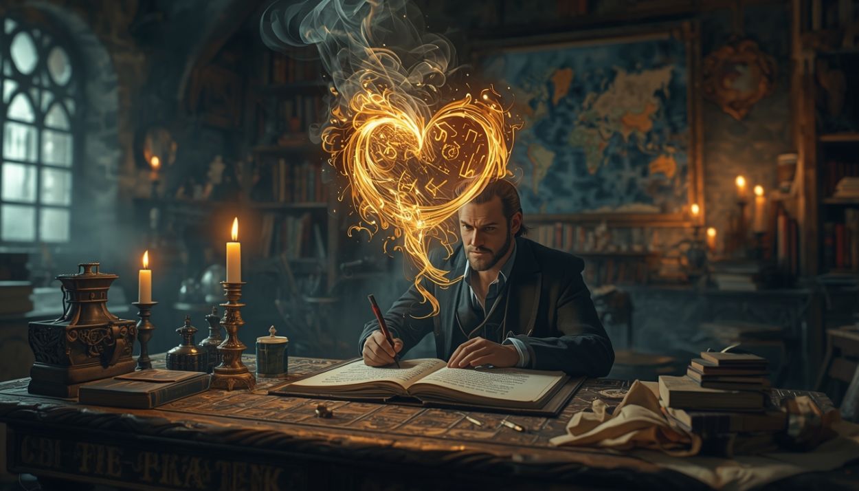 Fantasyautor schreibt in einem alten Arbeitszimmer, über dem Buch formen sich glühende Runen zu einem leuchtenden Motiv – Symbol für das Herz einer Geschichte.