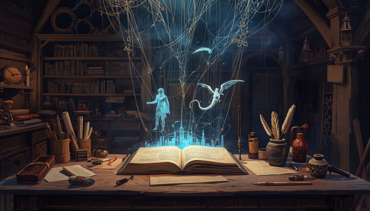 Offenes Buch in einer magischen Schreibwerkstatt, aus den Seiten steigen leuchtende Figuren, eine Stadt und ein Drache wie ein dreidimensionales Hologramm empor.