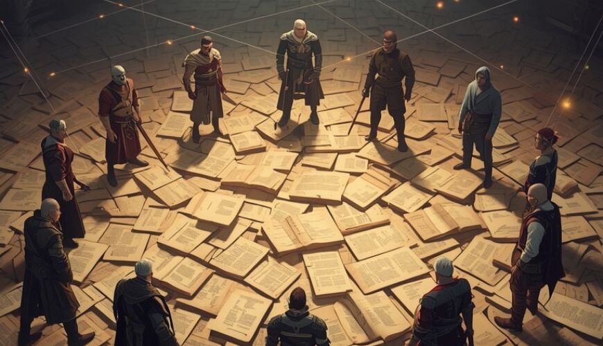 Gruppe unterschiedlicher Fantasyfiguren steht in einem Kreis auf einem Boden aus aufgeschlagenen Buchseiten, verbunden durch leuchtende Linien wie ein Netz von Beziehungen.