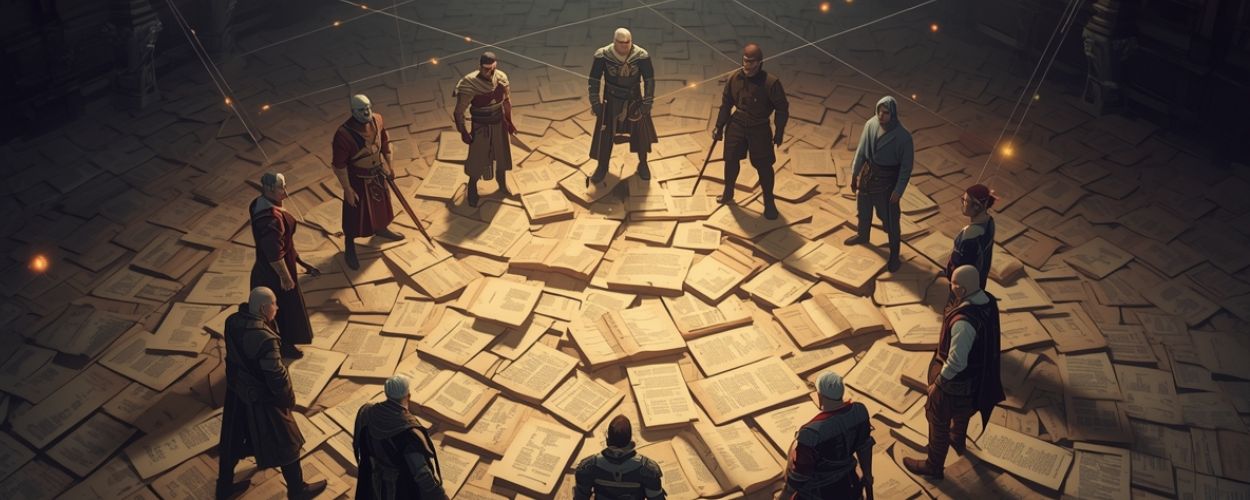 Gruppe unterschiedlicher Fantasyfiguren steht in einem Kreis auf einem Boden aus aufgeschlagenen Buchseiten, verbunden durch leuchtende Linien wie ein Netz von Beziehungen.