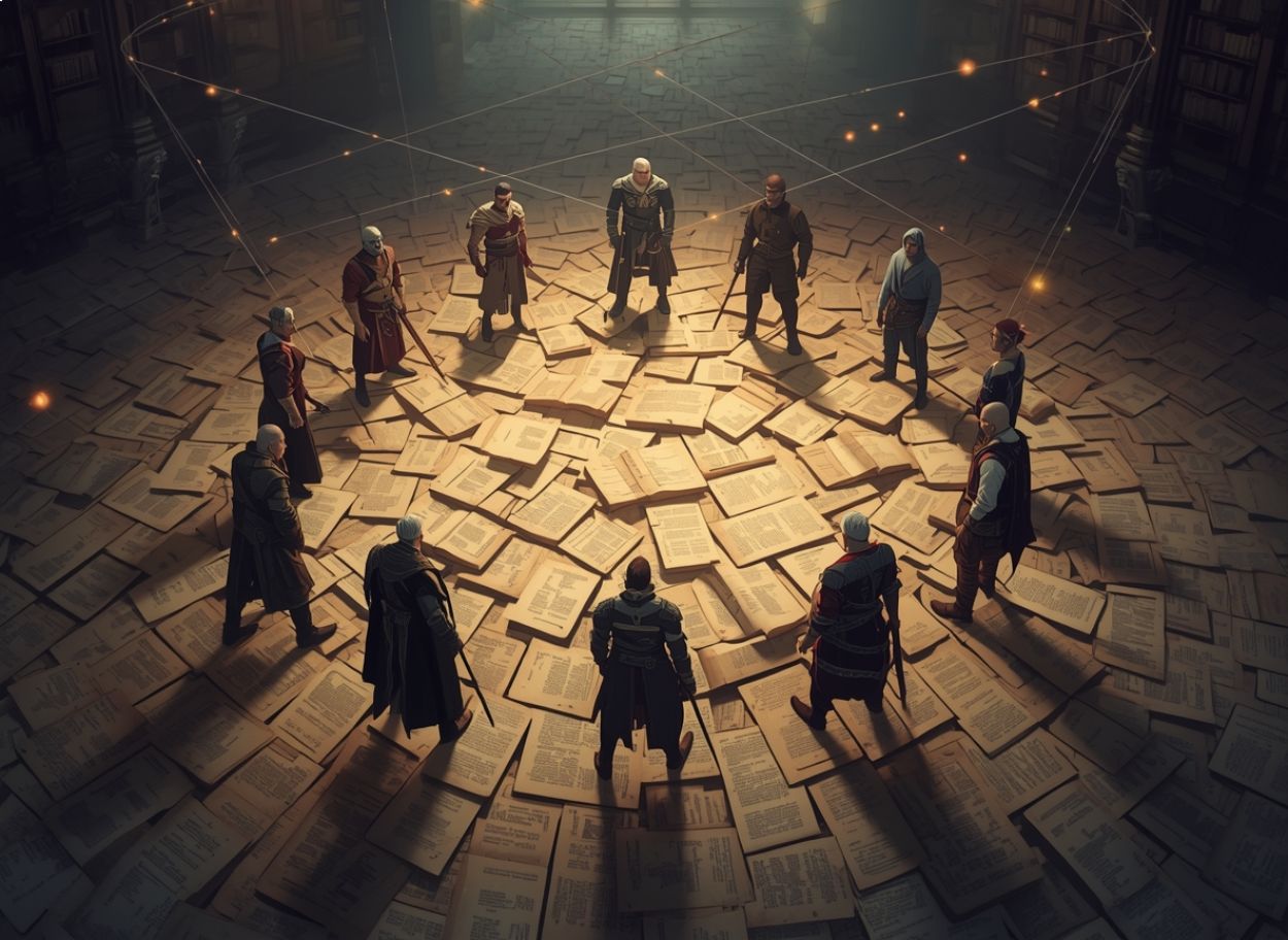 Gruppe unterschiedlicher Fantasyfiguren steht in einem Kreis auf einem Boden aus aufgeschlagenen Buchseiten, verbunden durch leuchtende Linien wie ein Netz von Beziehungen.