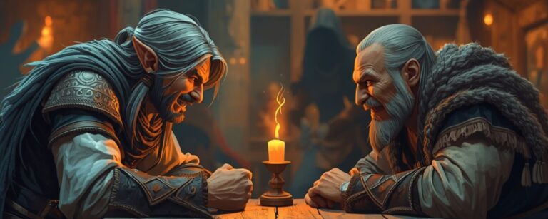 Zwei Fantasyfiguren sitzen einander in einer Taverne gegenüber, beugen sich über einen groben Holztisch mit einer Kerze in der Mitte und liefern sich ein hitziges, spannungsgeladenes Gespräch.