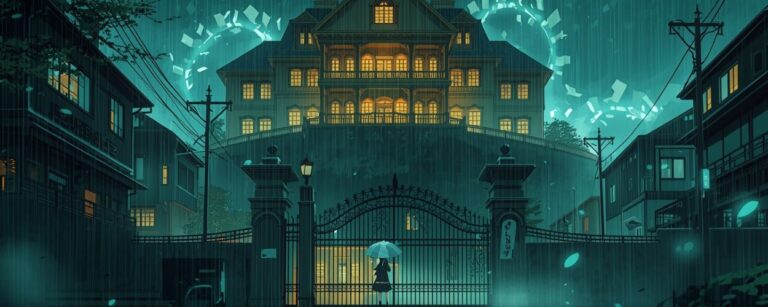Anime-Szene bei Regen: Eine Schülerin mit Regenschirm steht vor einem hohen Schmiedeeisentor, hinter ihr erhebt sich auf einem Hügel ein hell erleuchtetes Herrenhaus, während leuchtende Buchseiten als magischer Ring darüber in den Nachthimmel wirbeln.