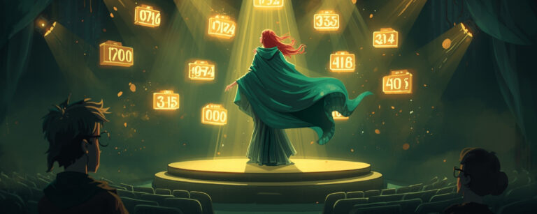 Magierin mit smaragdgrünem Umhang steht auf einer hell beleuchteten Theaterbühne, um sie herum schweben leuchtende Zahlenwürfel im Scheinwerferlicht, im dunklen Zuschauerraum sitzen zwei Gestalten mit Brille und beobachten das Box-Office-Zauberspektakel.