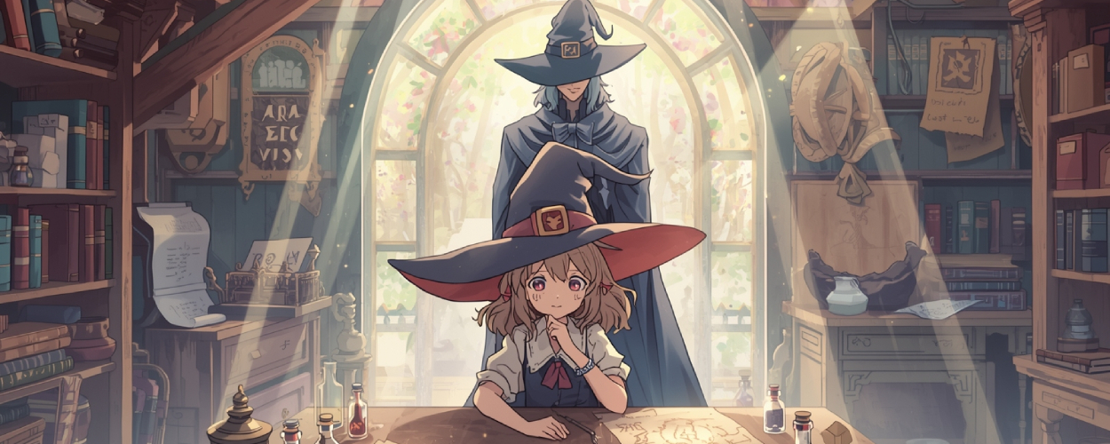 Die junge Coco sitzt mit großem Hexenhut an einem Holztisch voller leuchtender Glyphen und Fläschchen, hinter ihr steht Magier Qifrey in einem lichtdurchfluteten Atelier voller Bücher und Zauberutensilien.