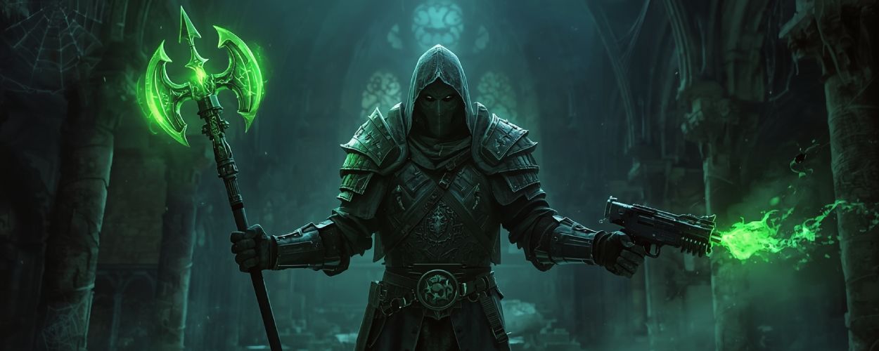 Dunkler Hexenjäger in schwerer Rüstung steht mit grün leuchtender Doppel-Axt und pistolenartiger Witchfire-Waffe in einer ruinierte Kathedrale.