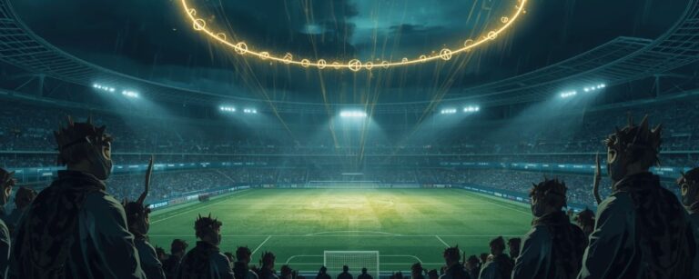 Halbrealistische Fantasy-Szene in einem vollbesetzten Fußballstadion bei Nacht, über dem Rasen schwebt ein leuchtender Ring aus Runen, während dunkle Gestalten mit Kronen und Stäben von den Rängen aus auf das Spielfeld blicken.