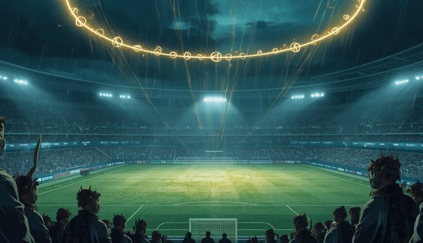 Halbrealistische Fantasy-Szene in einem vollbesetzten Fußballstadion bei Nacht, über dem Rasen schwebt ein leuchtender Ring aus Runen, während dunkle Gestalten mit Kronen und Stäben von den Rängen aus auf das Spielfeld blicken.