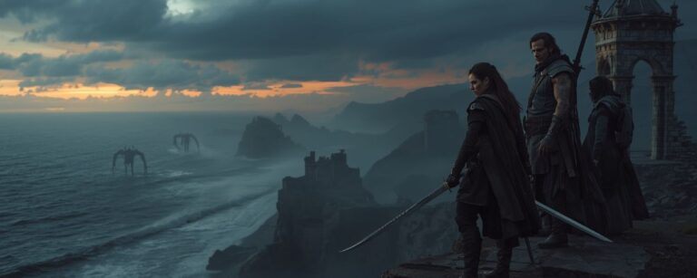 Bewaffnete Kriegerin in dunkler Rüstung steht mit zwei Gefährten auf einer Klippe über einer sturmumtosten Küstenlandschaft, im Meer tauchen schemenhafte Monster aus dem Nebel auf, düstere Fantasy-Szene im Worldbreaker-Stil.