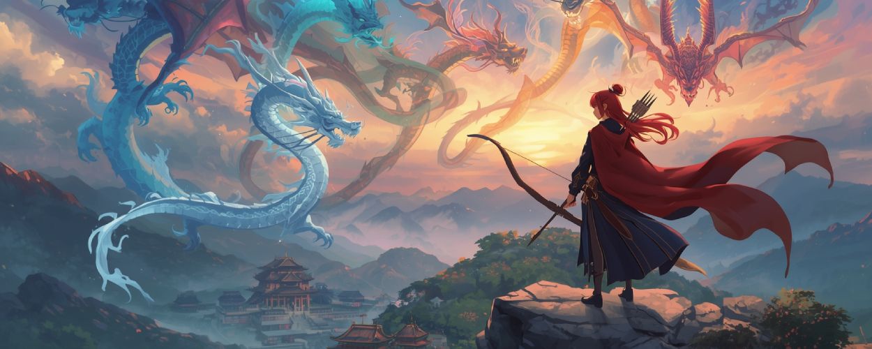 Rothaarige Kriegerprinzessin in rotem Mantel steht mit Bogen und Speer auf einer Klippe über einem asiatisch inspirierten Fantasiereich, hinter ihr vier schemenhafte Drachengeister in verschiedenen Farben, dramatischer Sonnenaufgang.
