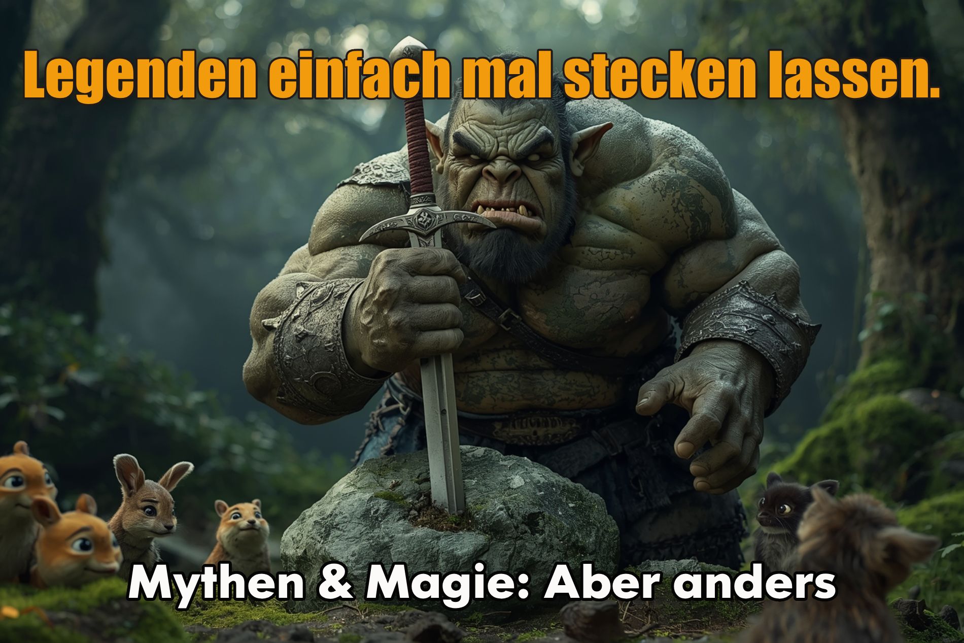 Ein grimmiger Oger versucht, ein Schwert aus einem Stein zu ziehen, während kleine Waldtiere neugierig und furchtlos zuschauen.