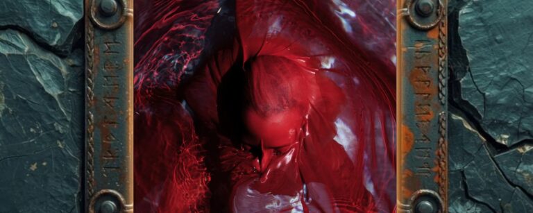 Albumcover Blackwater Holylight – Not Here Not Gone: rotes Nahportrait eines in Wasser und Stoff getauchten Kopfes, dessen Konturen unter Lichtreflexen verschwimmen.