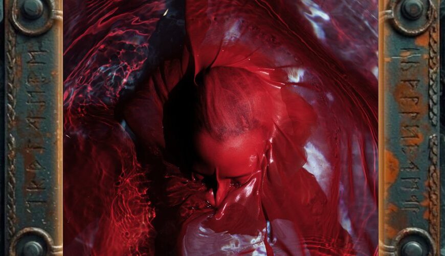 Albumcover Blackwater Holylight – Not Here Not Gone: rotes Nahportrait eines in Wasser und Stoff getauchten Kopfes, dessen Konturen unter Lichtreflexen verschwimmen.