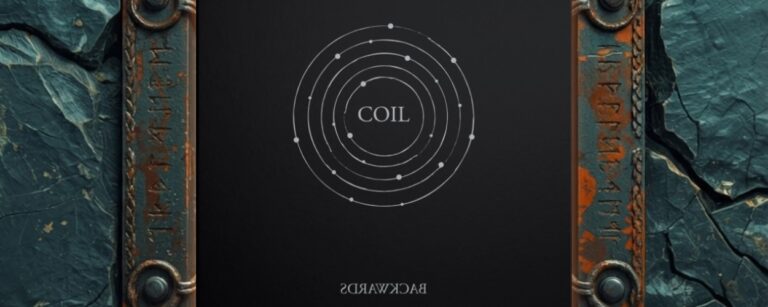 Quadratisches, minimalistisch gestaltetes Coil-Backwards-Cover in einem verrosteten Metallrahmen vor rissigem, dunkelblauem Stein: auf schwarzem Hintergrund mehrere feine weiße Kreise mit Punkten wie Planetenbahnen und dem Schriftzug „COIL“ in der Mitte; am unteren Rand steht der Titel „BACKWARDS“ gespiegelt.