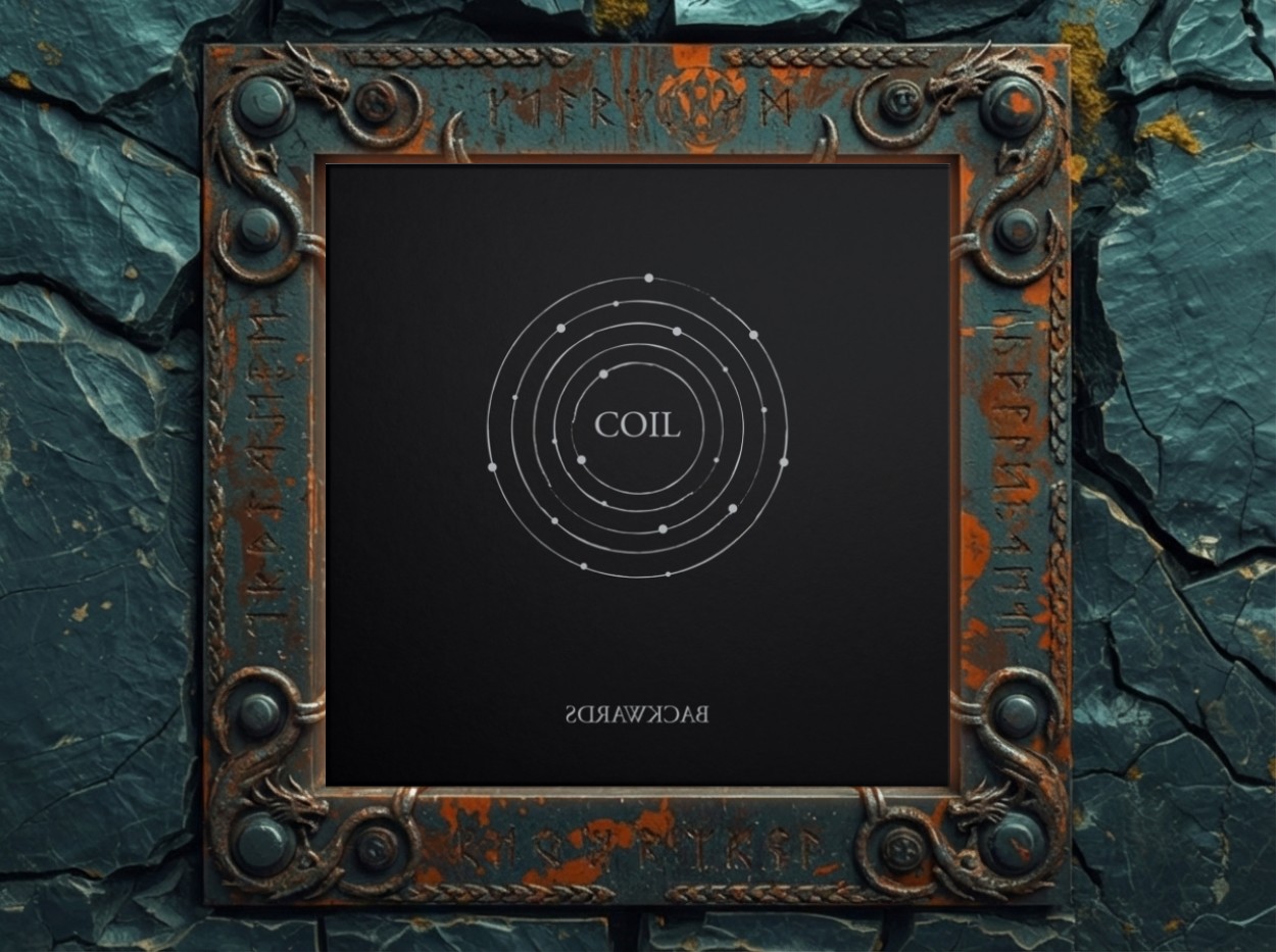 Quadratisches, minimalistisch gestaltetes Coil-Backwards-Cover in einem verrosteten Metallrahmen vor rissigem, dunkelblauem Stein: auf schwarzem Hintergrund mehrere feine weiße Kreise mit Punkten wie Planetenbahnen und dem Schriftzug „COIL“ in der Mitte; am unteren Rand steht der Titel „BACKWARDS“ gespiegelt.