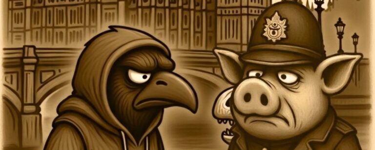 Sepiafarbener Comic in Londoom: Crowbah im „Londoom“-Hoodie diskutiert mit einem T-Rex-Skelett und einem Schweine-Polizisten vor Big Ben.