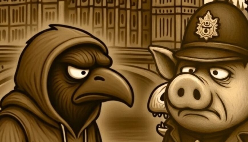 Sepiafarbener Comic in Londoom: Crowbah im „Londoom“-Hoodie diskutiert mit einem T-Rex-Skelett und einem Schweine-Polizisten vor Big Ben.