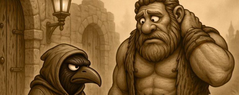 Crowbah und der Gott Hammersbald im Gespräch. Der Gott sieht genervt aus.