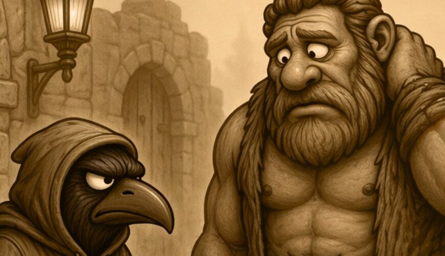 Crowbah und der Gott Hammersbald im Gespräch. Der Gott sieht genervt aus.