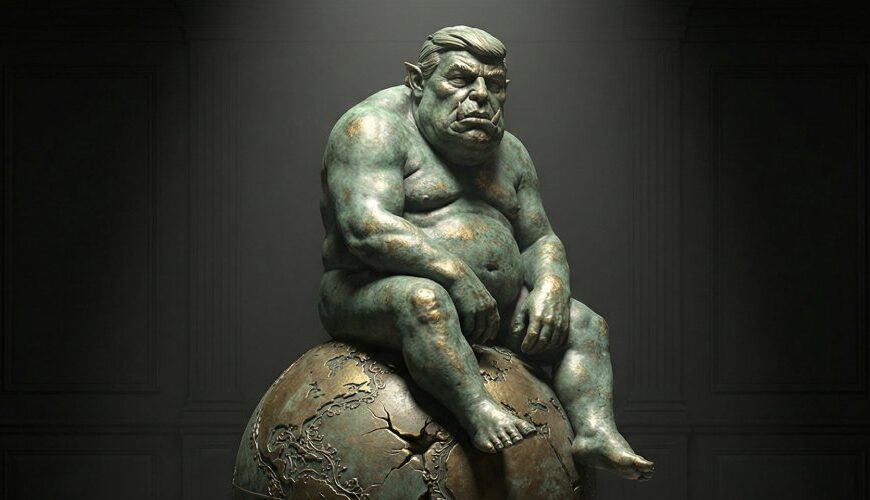 Orkstatue im Museumslicht sitzt schwer auf einem kunstvoll gravierten Globus, der unter dem Gewicht Risse bekommt; dunkler Galerieraum mit Marmorboden und leerem Sockelschild.