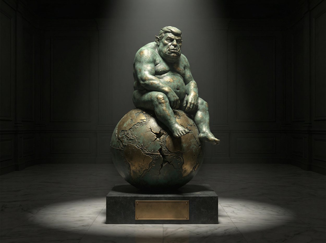 Donald Trump als Orkstatue im Museumslicht sitzt schwer auf einem kunstvoll gravierten Globus, der unter dem Gewicht Risse bekommt; dunkler Galerieraum mit Marmorboden und leerem Sockelschild.