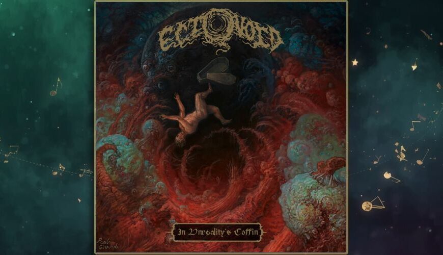 Gemaltes Albumcover Ectovoid – In Unreality’s Coffin: ein nackter Mensch fällt rücklings in einen dunkelroten, wirbelnden Abgrund aus fleischigen, organischen Formen; über ihm schwebt ein geöffneter Sarg, im Hintergrund ein dunkler Planet und das schleimige Bandlogo, alles in rot-blauen, kranken Farbtönen.