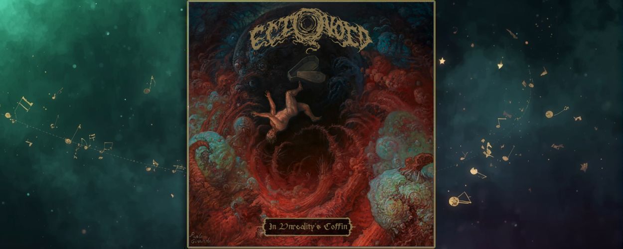 Gemaltes Albumcover Ectovoid – In Unreality’s Coffin: ein nackter Mensch fällt rücklings in einen dunkelroten, wirbelnden Abgrund aus fleischigen, organischen Formen; über ihm schwebt ein geöffneter Sarg, im Hintergrund ein dunkler Planet und das schleimige Bandlogo, alles in rot-blauen, kranken Farbtönen.