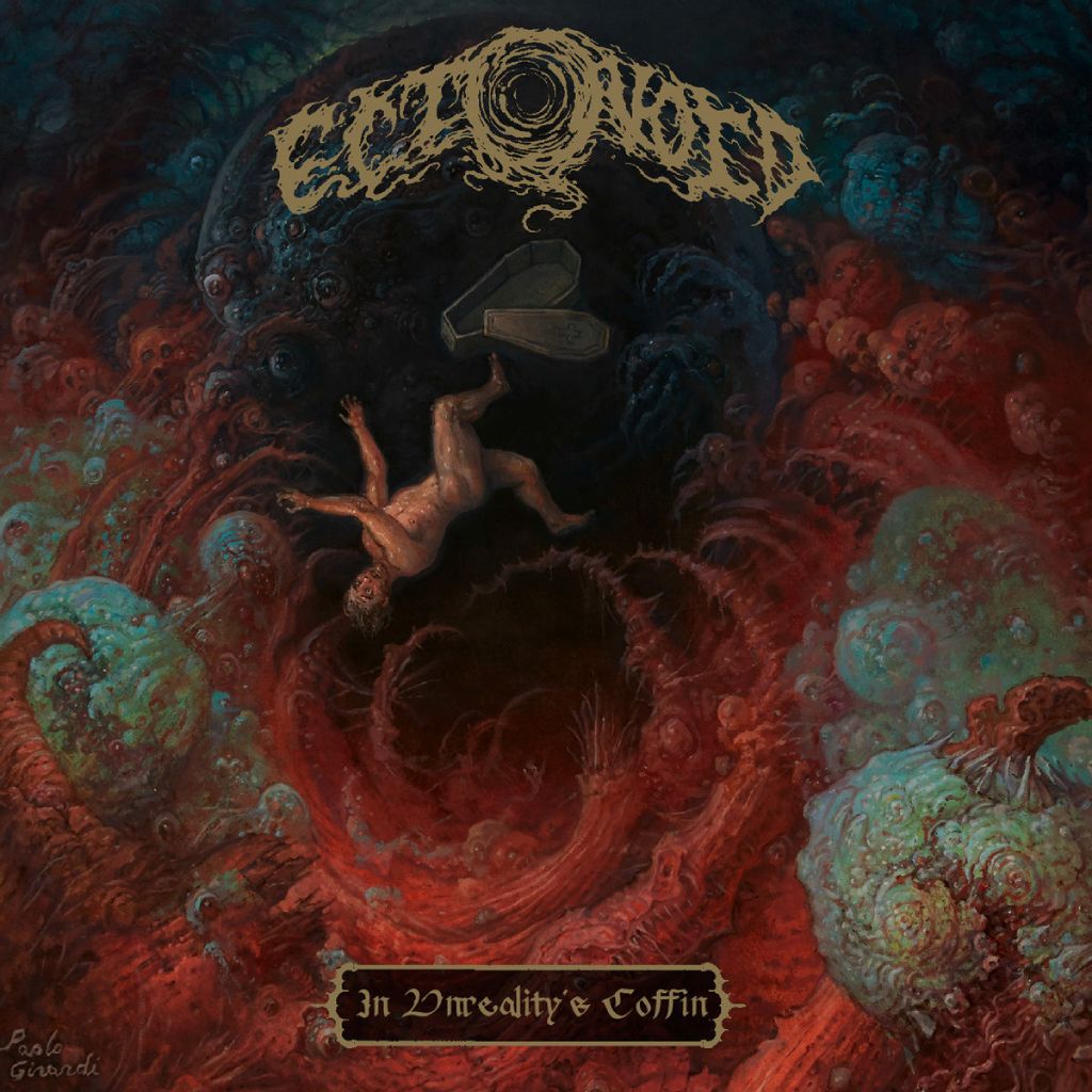 Gemaltes Albumcover Ectovoid – In Unreality’s Coffin: ein nackter Mensch fällt rücklings in einen dunkelroten, wirbelnden Abgrund aus fleischigen, organischen Formen; über ihm schwebt ein geöffneter Sarg, im Hintergrund ein dunkler Planet und das schleimige Bandlogo, alles in rot-blauen, kranken Farbtönen.
