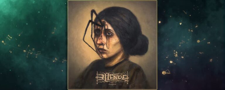 Gemaltes Albumcover Ellende – Zerfall: bräunlich-beiges Porträt einer Frau mit dunklem Dutt, die ernst aus dem Bild blickt; über ihrem Gesicht liegen schwarze, spinnenartige Linien und Schlieren, als ob ein zerbrochener Rahmen oder Insektengerüst an Stirn und Nase hängt; unten das dornenartige Bandlogo mit dem Schriftzug „Zerfall“.