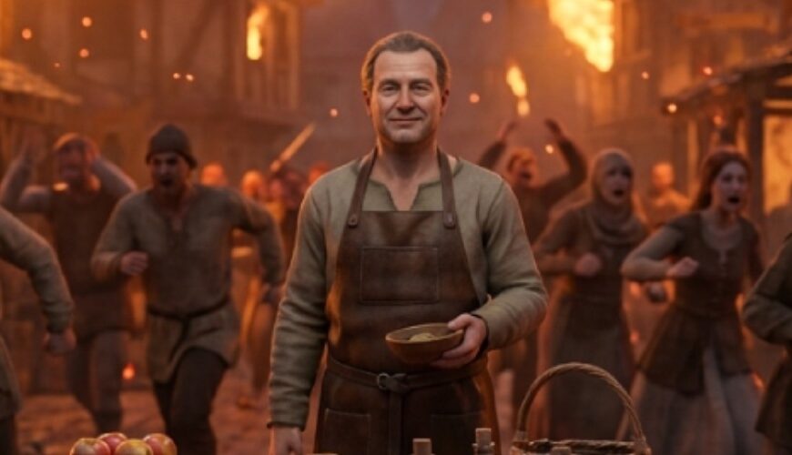 Meme: Brennendes Fantasy-Dorf mit fliehenden Menschen; ein Händler-NPC steht ruhig am Apfelstand.