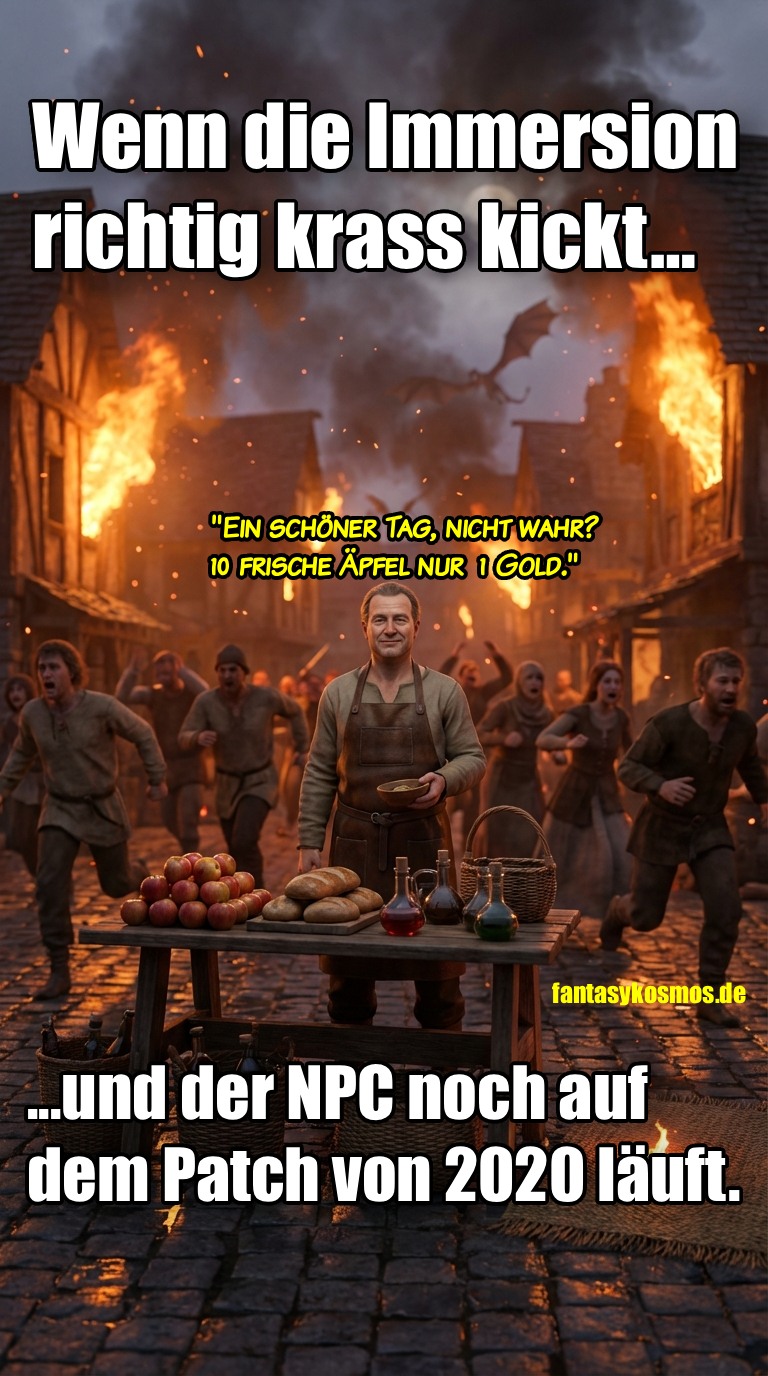 Meme: Brennendes Fantasy-Dorf mit fliehenden Menschen; ein Händler-NPC steht ruhig am Apfelstand und sagt „10 frische Äpfel nur 1 Gold“, Text: „Wenn die Immersion richtig krass kickt… und der NPC noch auf dem Patch von 2020 läuft.“.