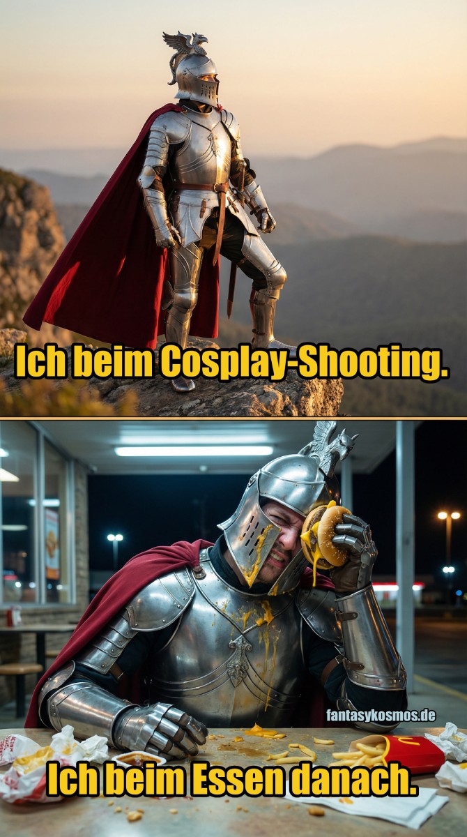 Meme: Splitbild – oben ein Ritter-Cosplayer heroisch auf einem Felsen bei Sonnenuntergang („Ich beim Cosplay-Shooting“), unten derselbe Ritter nachts im Fast-Food-Laden, Burger/Soße am Helm und Chaos auf dem Tisch („Ich beim Essen danach“).