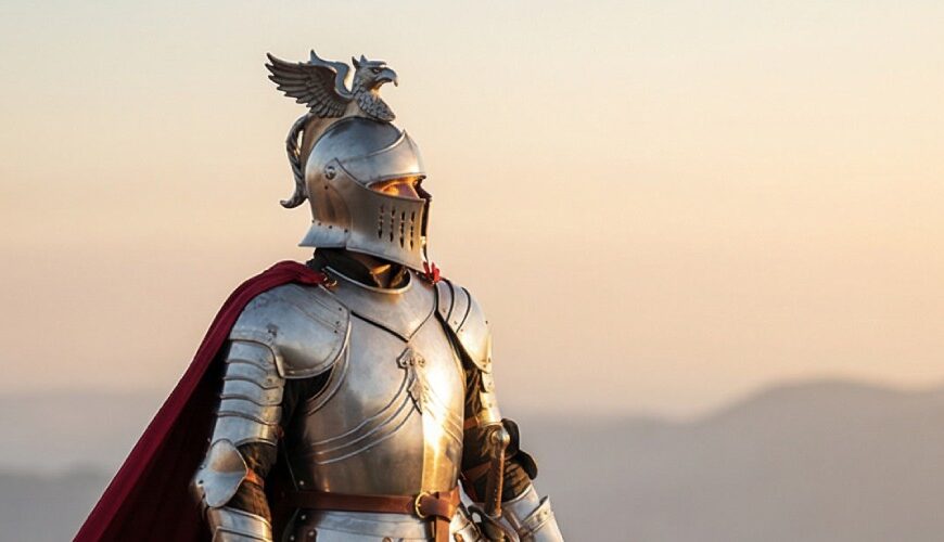 Meme: Splitbild – oben ein Ritter-Cosplayer heroisch auf einem Felsen bei Sonnenuntergang