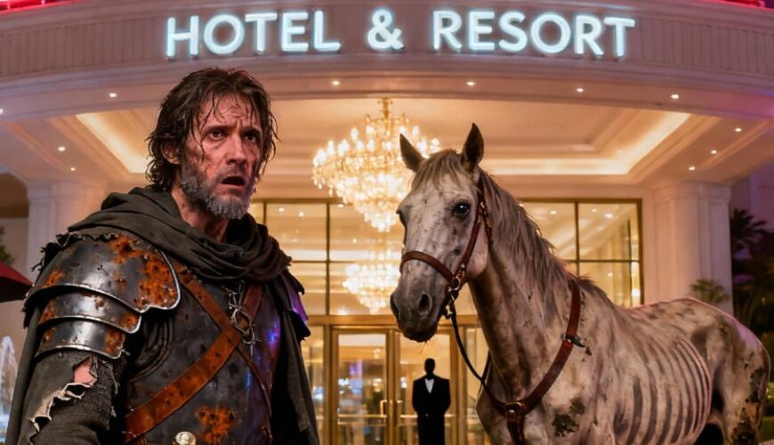 Meme: Ein erschöpfter Fantasyheld mit Pferd steht vor dem leuchtenden „Dark Tower Hotel & Resort“; Text sagt, die Suche nach dem Dunklen Turm dauerte 2000 Jahre zu lang.