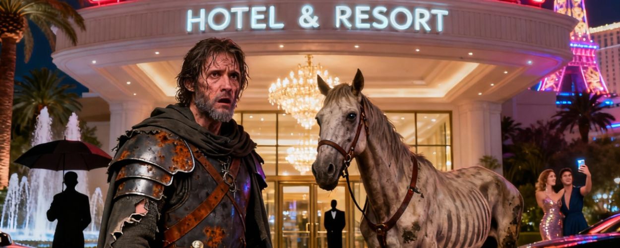 Meme: Ein erschöpfter Fantasyheld mit Pferd steht vor dem leuchtenden „Dark Tower Hotel & Resort“; Text sagt, die Suche nach dem Dunklen Turm dauerte 2000 Jahre zu lang.