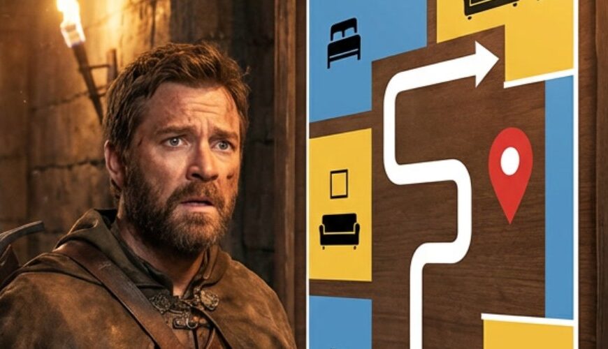 Meme: Ein verwirrter Fantasyheld steht im Dungeon vor einer Möbelhaus-Map; Text fragt, warum es dort einen Ort namens Småland gibt.